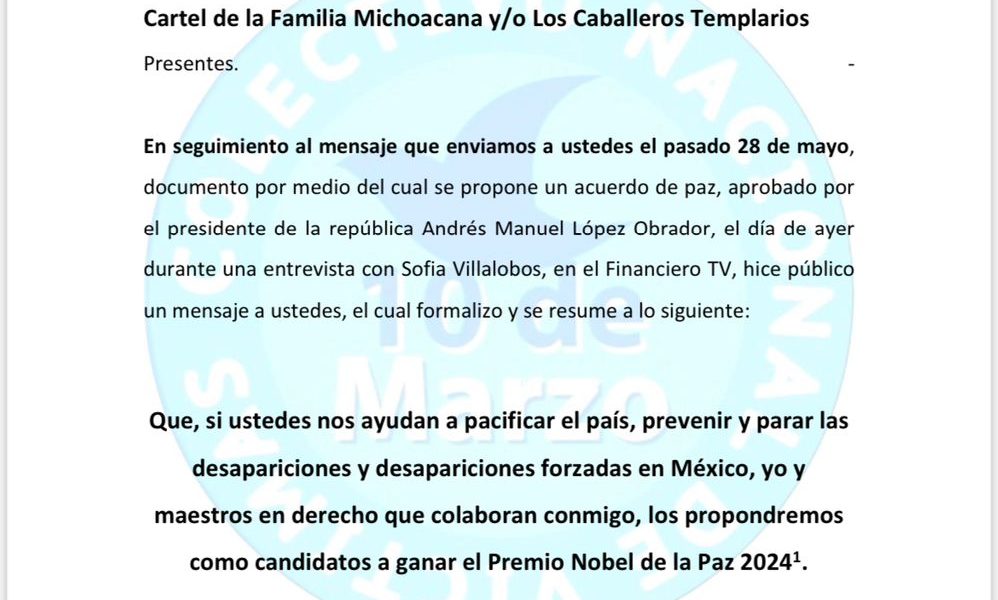 Delia Quiroa propone nominar carteles mexicanos al Premio Nobel de la Paz en carta
