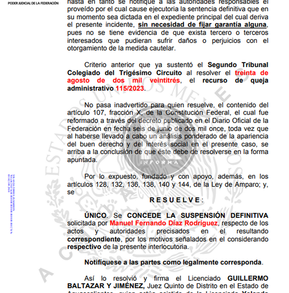 AMPARO SUSPENDE REFORMA AL PODER JUDICIAL DE AGS.