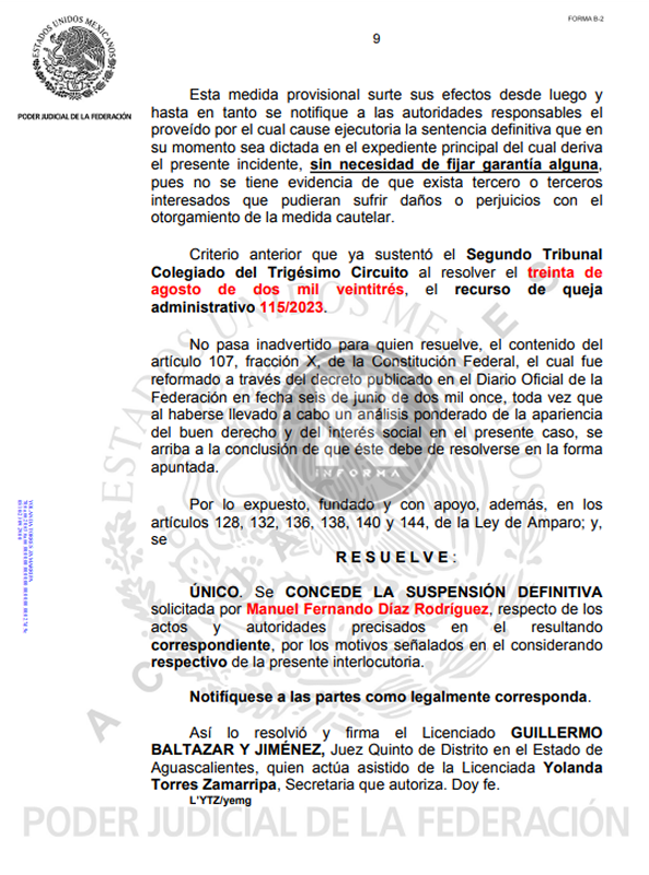 AMPARO SUSPENDE REFORMA AL PODER JUDICIAL DE AGS.