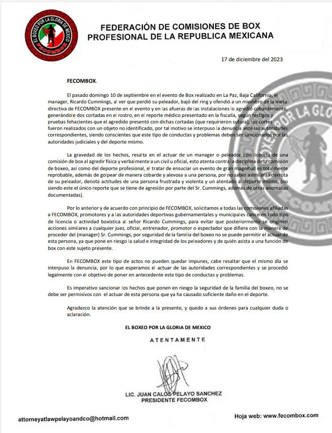 Crisis en el Boxeo Mexicano: Pedido de Cancelación de Licencia del Mánager Ricardo Cummings por Parte de FECOMBOX