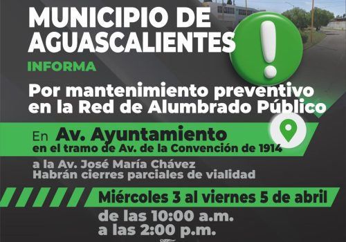 AVISO VIAL CIERRES PARCIALES DE CIRCULACIÓN POR MANTENIMIENTO PREVENTIVO A LA RED DE ALUMBRADO PÚBLICO