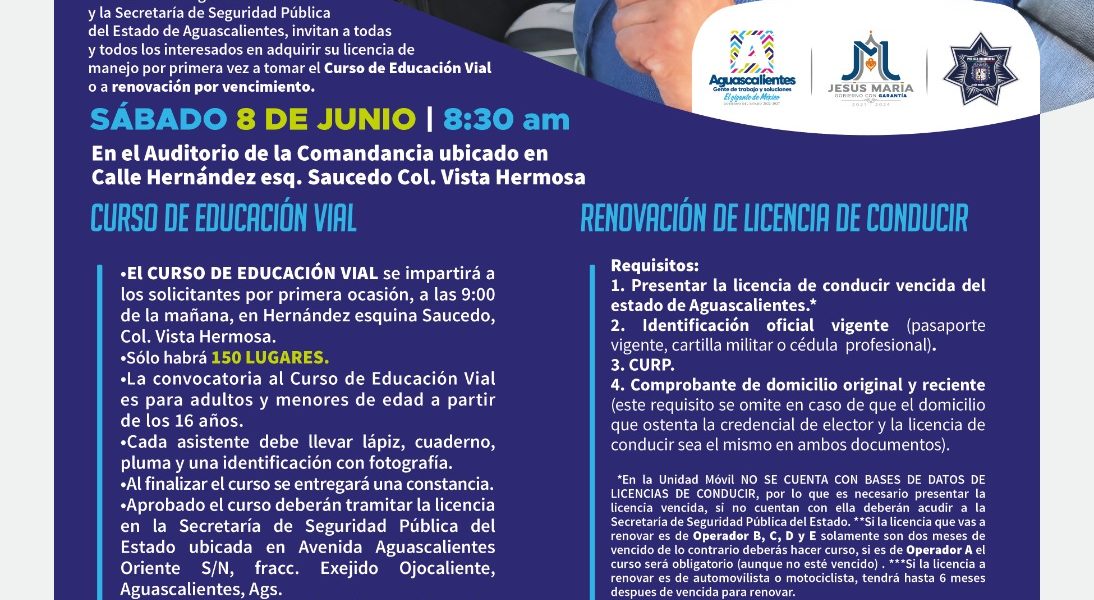 PROGRAMA SABATINO PARA LA EXPEDICIÓN DE LICENCIAS DE CONDUCIR ESTARÁ EN JESÚS MARÍA