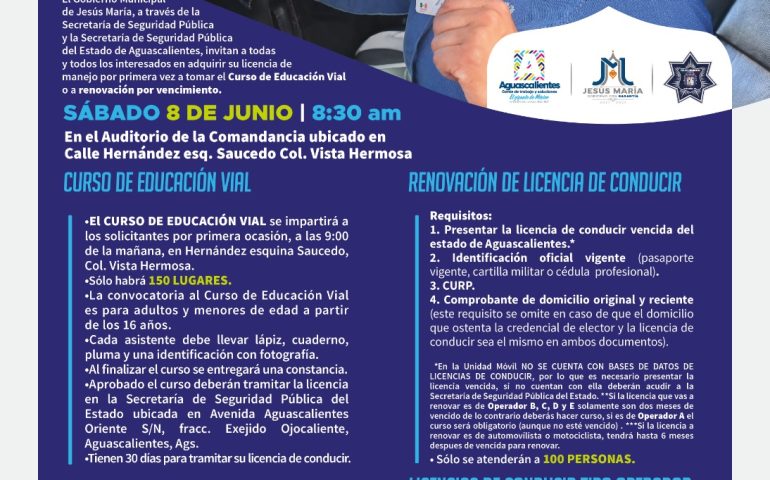 PROGRAMA SABATINO PARA LA EXPEDICIÓN DE LICENCIAS DE CONDUCIR ESTARÁ EN JESÚS MARÍA