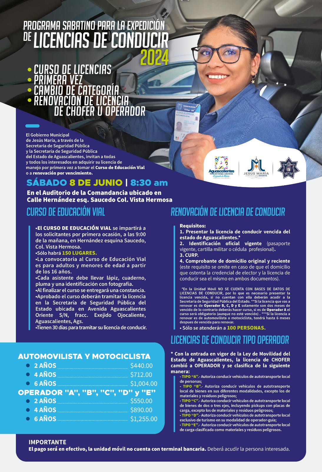PROGRAMA SABATINO PARA LA EXPEDICIÓN DE LICENCIAS DE CONDUCIR ESTARÁ EN JESÚS MARÍA