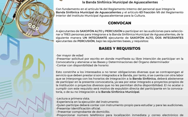 ABREN CONVOCATORIA PARA NUEVOS INTEGRANTES DE LA BANDA SINFÓNICA MUNICIPAL