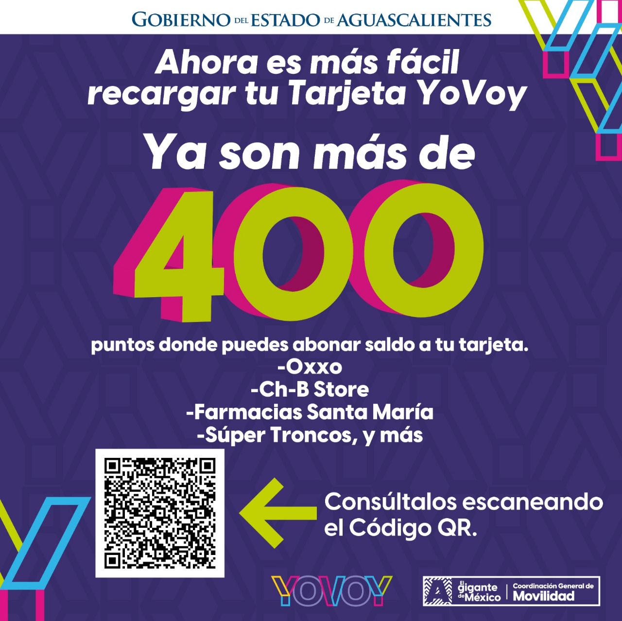 MÁS DE 400 ESTABLECIMIENTOS PARA RECARGAR LA TARJETA YOVOY