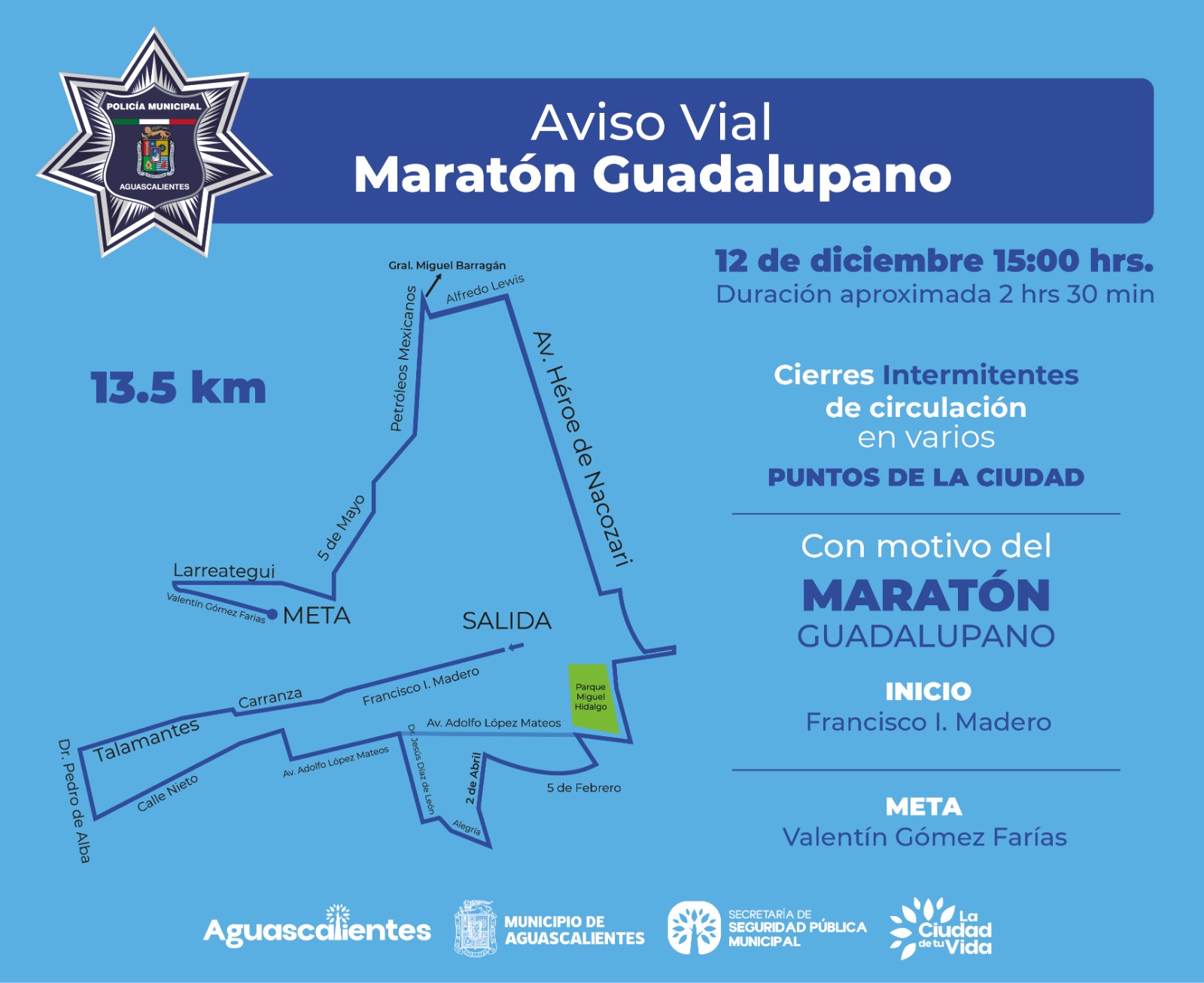 SECRETARÍA DE SEGURIDAD PÚBLICA MUNICIPAL ALISTA OPERATIVO DE VIALIDAD POR EL MARATÓN GUADALUPANO