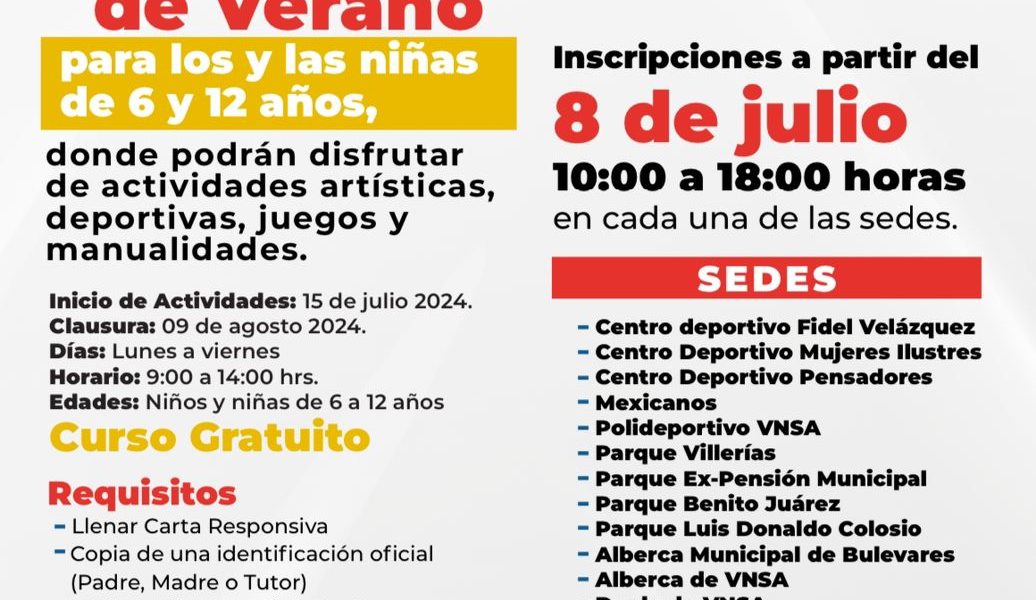 INVITA MUNICIPIO A PARTICIPAR EN LOS CURSOS DE VERANO 2024 “VACACIONES DEPORTIVAS EN LA CIUDAD DE TU VIDA”