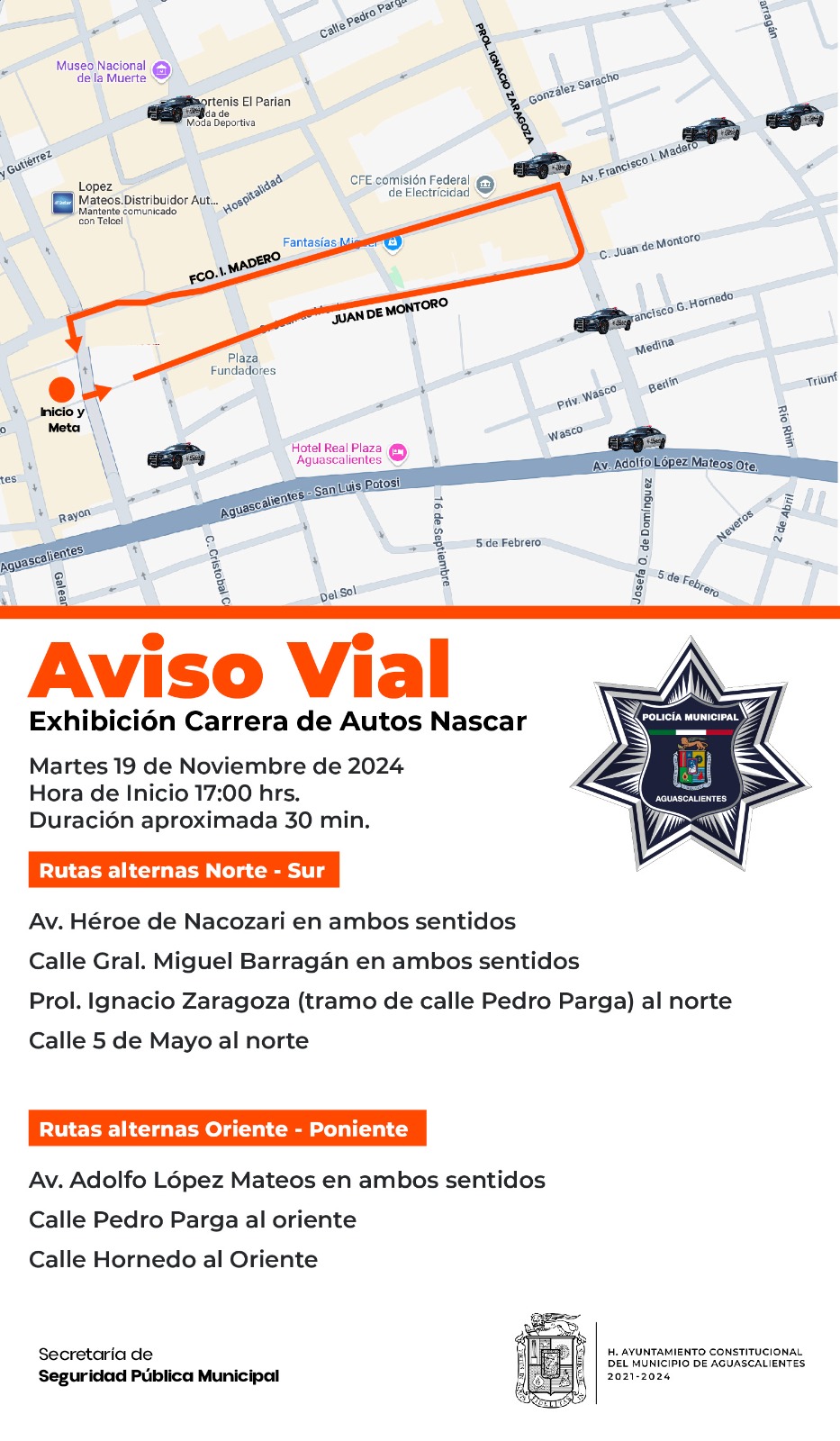 IMPLEMENTARÁ SEGURIDAD PÚBLICA MUNICIPAL OPERATIVO VIAL CON MOTIVO DE LA EXHIBICIÓN «CARRERA DE AUTOS NASCAR»