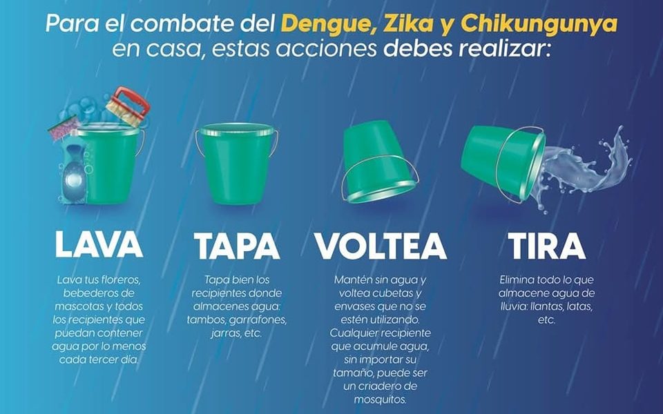 Para combatir el dengue lava, tapa, voltea y tira todos los recipientes que contengan agua que no estés utilizando.