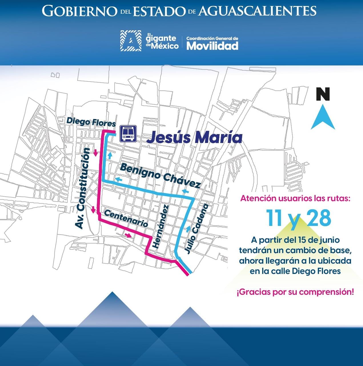 CAMBIO DE BASE PARA RUTAS 11 Y 28 EN JESÚS MARÍA A PARTIR DEL DOMINGO