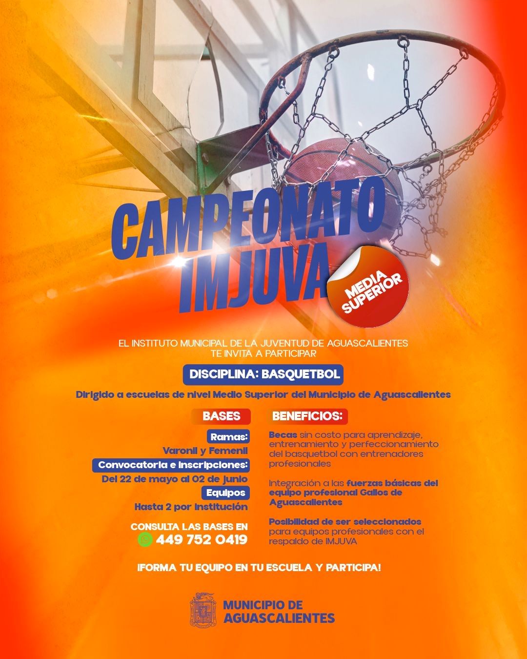 CONVOCA IMJUVA A PARTICIPAR EN EL CAMPEONATO MEDIA SUPERIOR: BÁSQUETBOL Y FÚTBOL