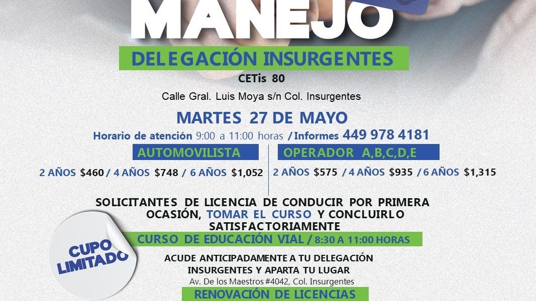 MUNICIPIO DE AGUASCALIENTES INVITA A JORNADA DE RENOVACIÓN DE LICENCIAS DE MANEJO