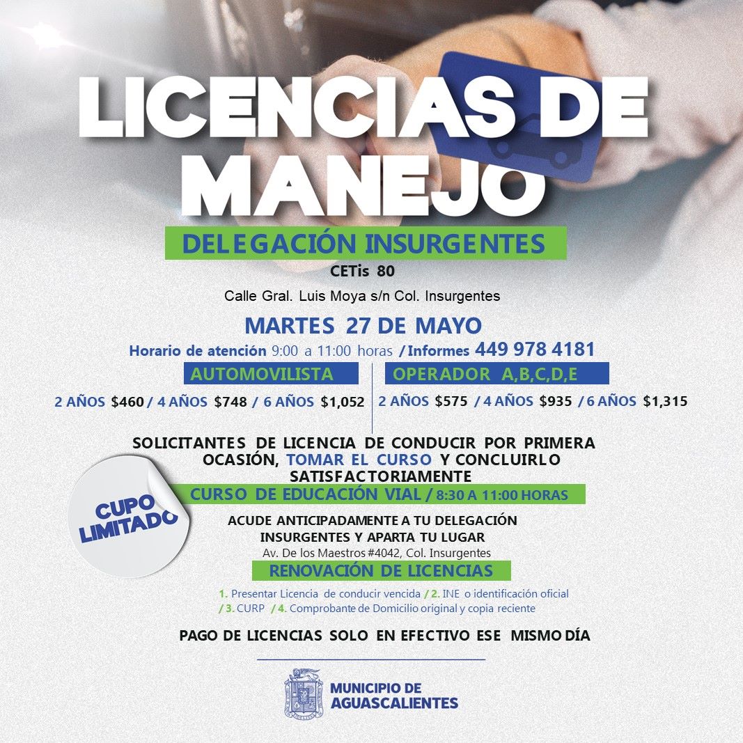 MUNICIPIO DE AGUASCALIENTES INVITA A JORNADA DE RENOVACIÓN DE LICENCIAS DE MANEJO