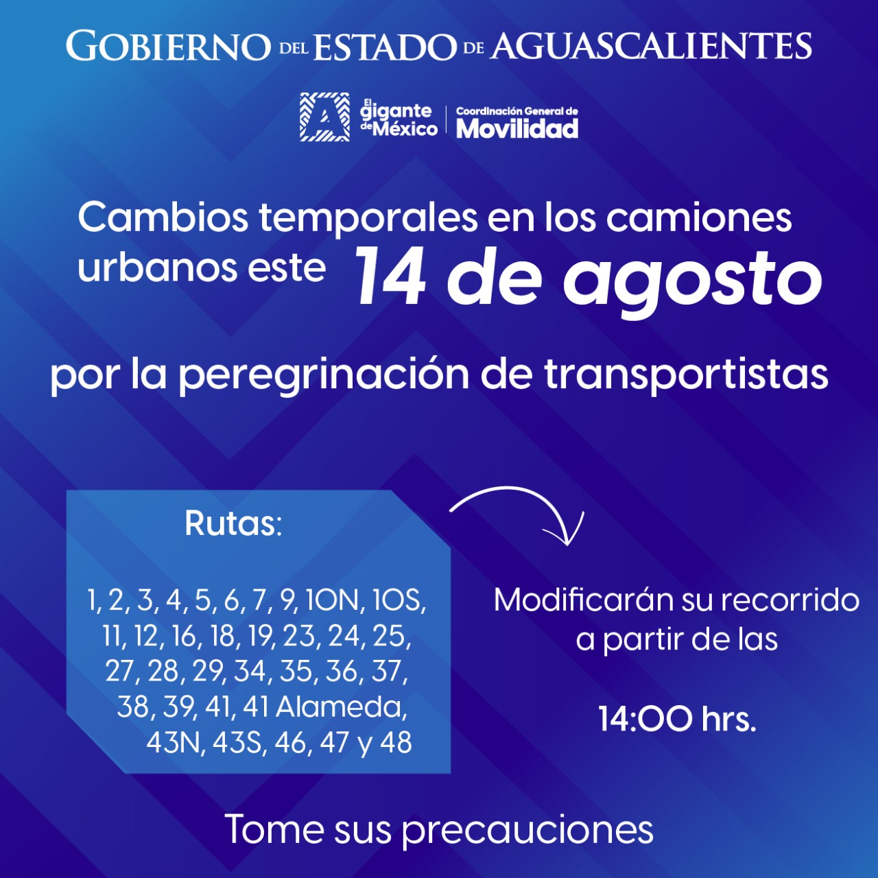 Cambios en itinerarios de rutas este 14 y 15 de agosto