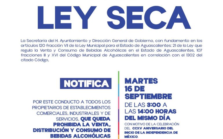SE IMPLEMENTARÁ LEY SECA CON MOTIVO DEL CCXV ANIVERSARIO DE LA INDEPENDENCIA DE MÉXICO