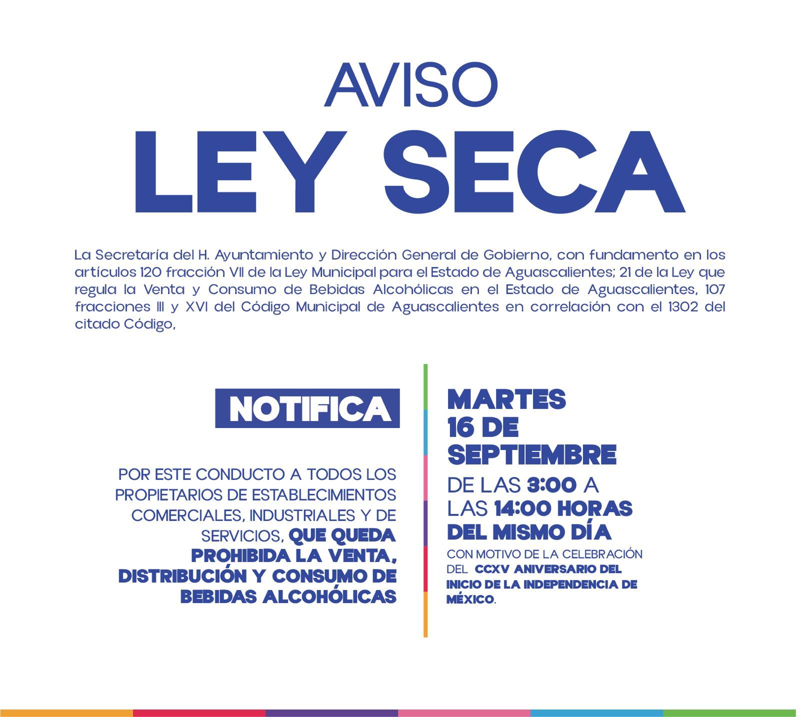 SE IMPLEMENTARÁ LEY SECA CON MOTIVO DEL CCXV ANIVERSARIO DE LA INDEPENDENCIA DE MÉXICO