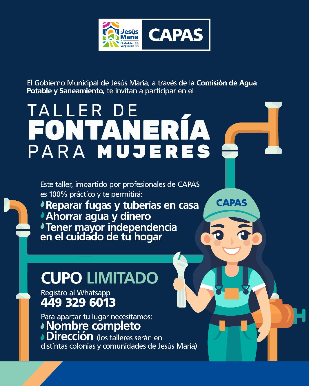 💧CAPAS INVITA A LAS MUJERES DE JESÚS MARÍA A TALLER DE FONTANERÍA SIN COSTO