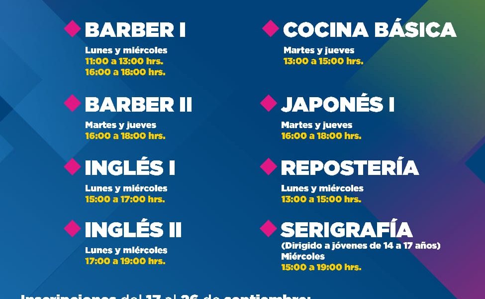 TALLERES GRATUITOS EN LA CASA DEL ADOLESCENTE; ¡INSCRÍBETE!TIENES HASTA EL 26 DE SEPTIEMBRE