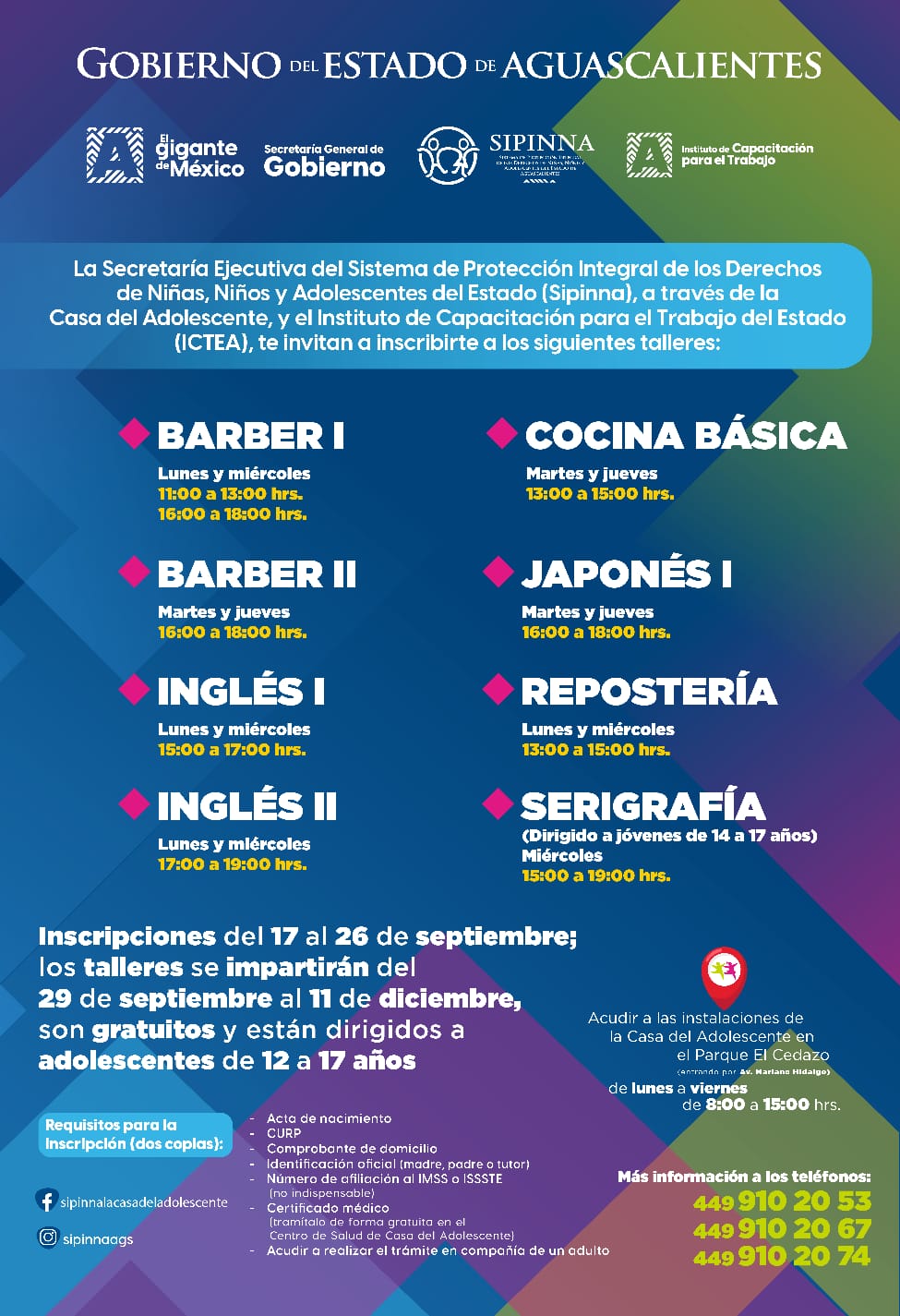 TALLERES GRATUITOS EN LA CASA DEL ADOLESCENTE; ¡INSCRÍBETE!TIENES HASTA EL 26 DE SEPTIEMBRE