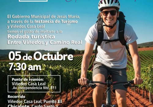🚴🏻‍♀️El Gobierno Municipal de Jesús María, a través de la Instancia de Turismo te invita a participar en la Rodada Turística Entre Viñedos y Camino Real este 05 de octubre a las 7:30am, saliendo de Viñedos Casa Leal