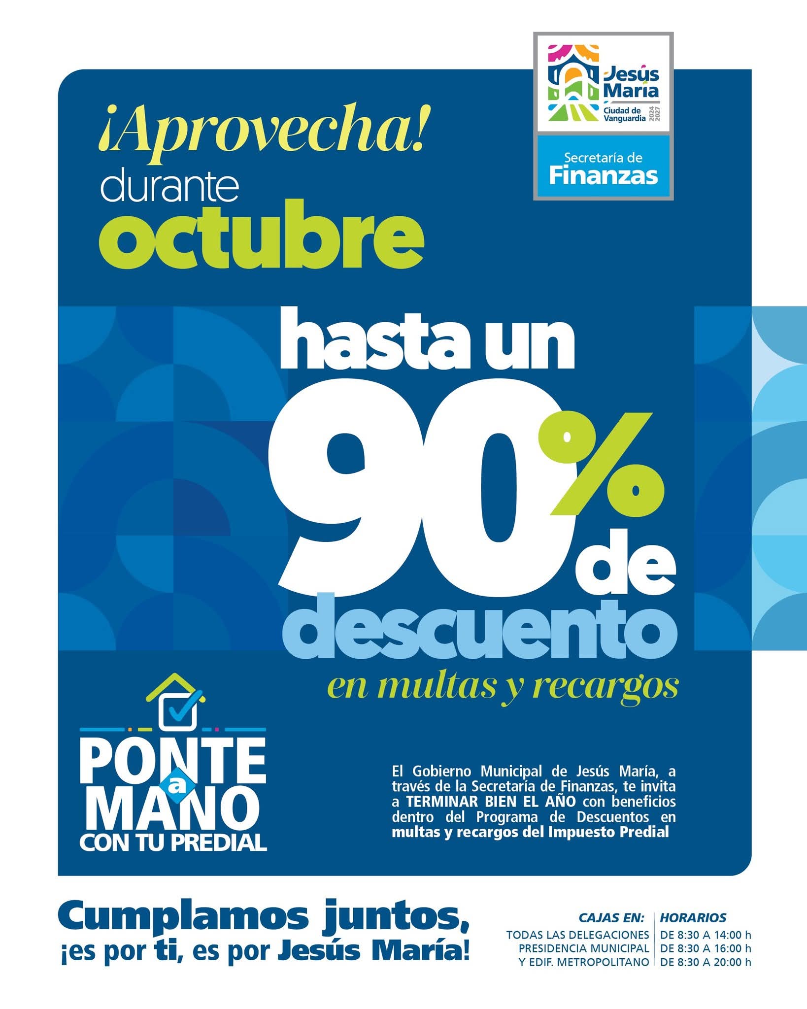 CAMPAÑA DE REGULARIZACIÓN DEL PREDIAL EN JESÚS MARÍA OFRECE 90% DE DESCUENTO EN RECARGOS Y MULTAS DURANTE EL MES DE OCTUBRE