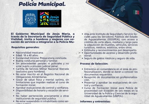 SÉ PARTE DE LA POLICÍA MUNICIPAL DE JESÚS MARÍA, YA ESTÁ ABIERTA LA CONVOCATORIA 2026