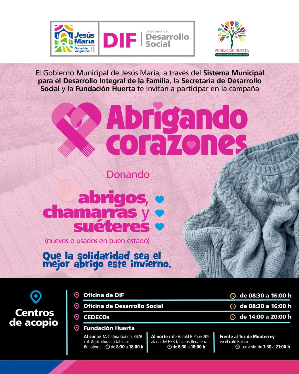 🥶 Se acerca la temporada de frío y en Jesús María el Sistema DIF Municipal, la Secretaría de Desarrollo Social de Jesús María y la Fundación Huerta te invitan a participar en la campaña Abrigando Corazones.