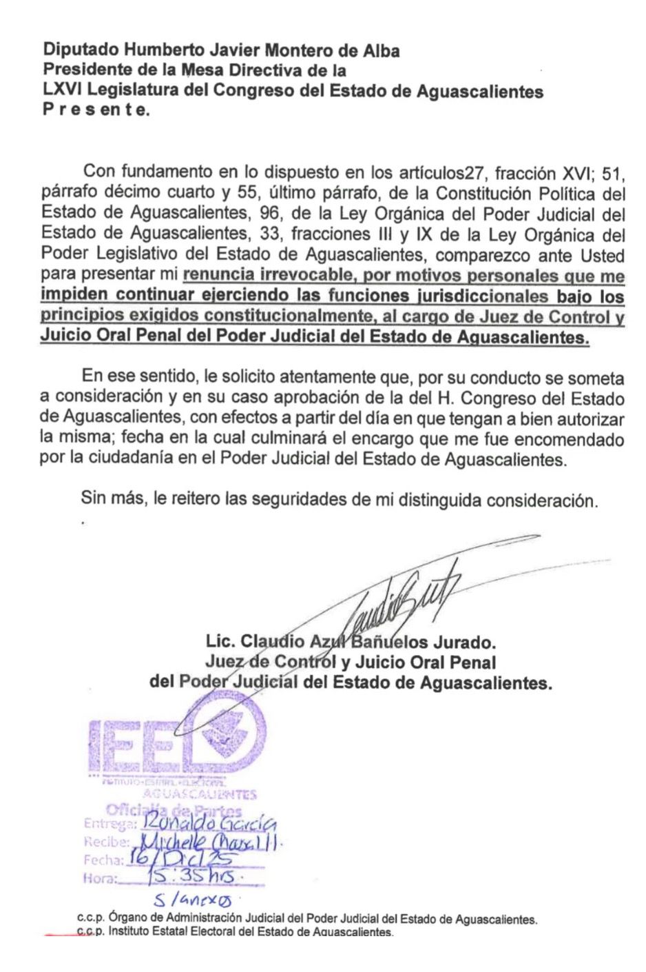 “motivos personales que le impiden continuar ejerciendo las funciones jurisdiccionales bajo los principios exigidos constitucionalmente” Claudio Azul Bañuelos Jurado