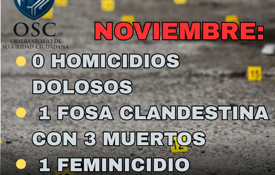 NOVIEMBRE: 0 HOMICIDIOS DOLOSOS, 1 FOSA CLANDESTINA CON 3 MUERTOS Y 1 FEMINICIDIO