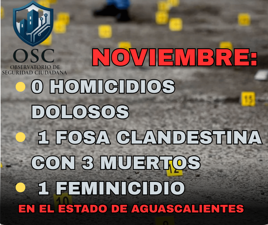 NOVIEMBRE: 0 HOMICIDIOS DOLOSOS, 1 FOSA CLANDESTINA CON 3 MUERTOS Y 1 FEMINICIDIO