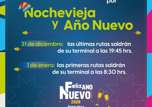 Le informamos a la ciudadanía que, con motivo de las conmemoraciones por el Año Nuevo, los camiones urbanos tendrán modificaciones en sus itinerarios el 31 de diciembre y 1 de enero.